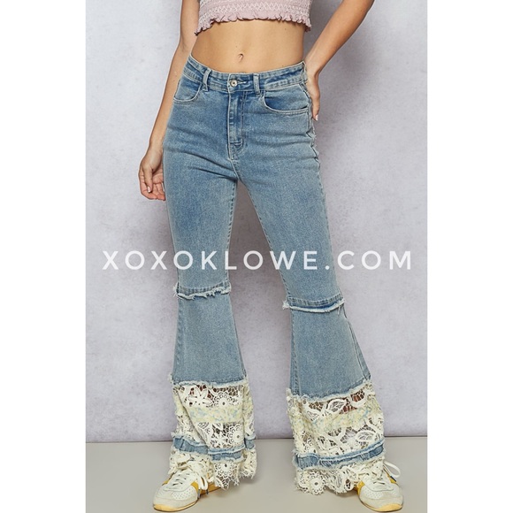 POL Blue Denim Crochet Lace Patch Flare JeansLight Wash Patchwork